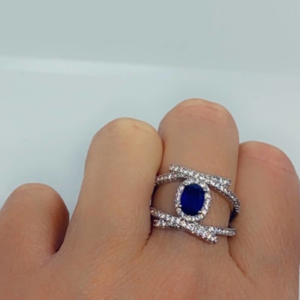 Silver Sapphire Halo X Ring - Picture 1 of 5